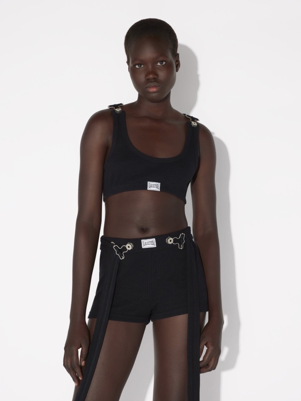 Jean Paul Gaultier Black Cropped Patch Tank and Patch Shorts Set
